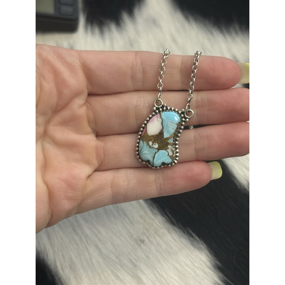Native American Sterling Silver Cotton Candy Blue Pink Ghost Boo Bar Necklace